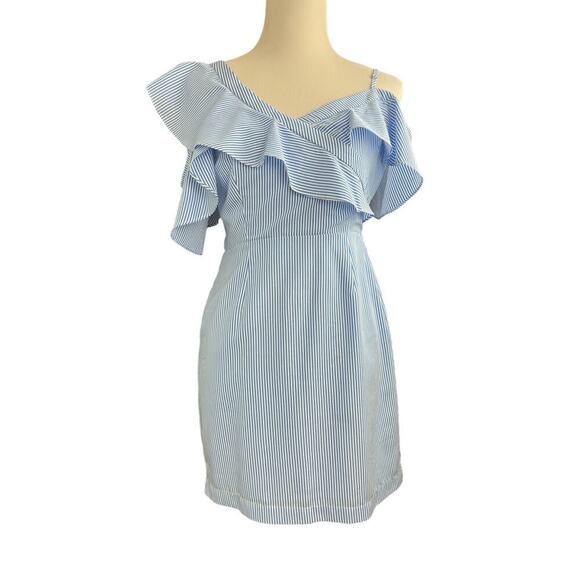 VESTIQUE Blue White Stripe Asymmetrical Shoulder Detail Ruffle Neck Hem Medium - Picture 1 of 11